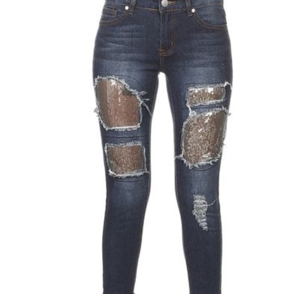 Chloe Silver Sequin Skinny Cuff Denim Jeans